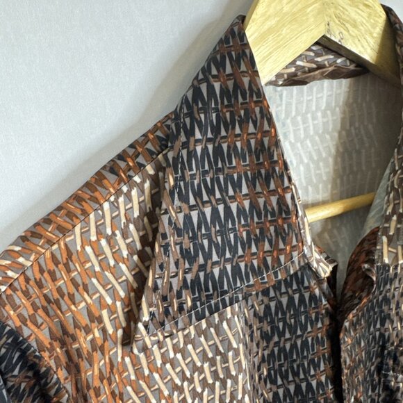 Vintage 70s Brown Geometric Disco Shirt Men’s L (Fits M-L) Sheen Polyester - Picture 3 of 5